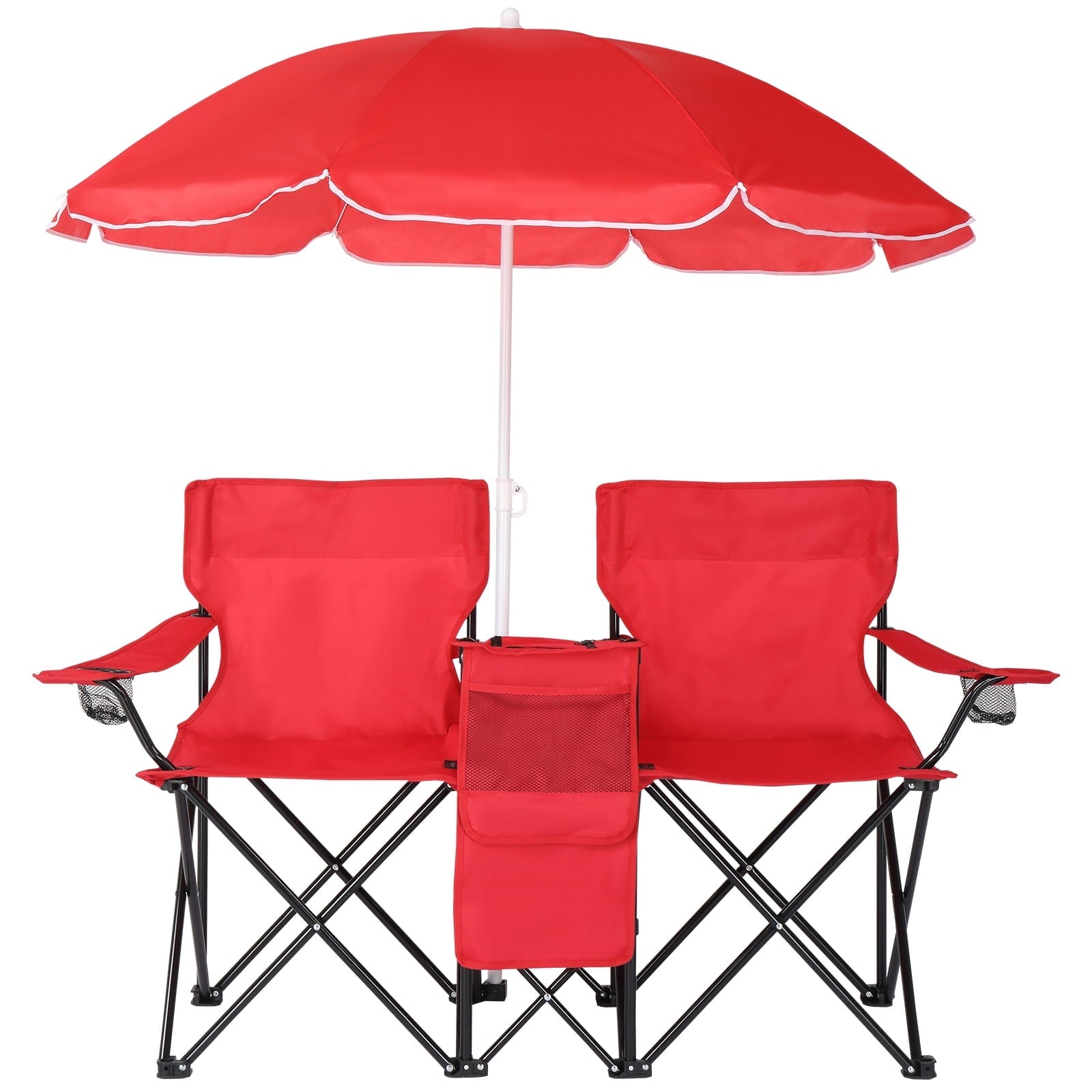 Ktaxon Camping Loveseat Chair, Folding Double Outdoor Chair with Removable Sun Umbrella & Carrying Bag, Double Chairs with Cooler Bag for Lawn Fishing Outdoor, Gray