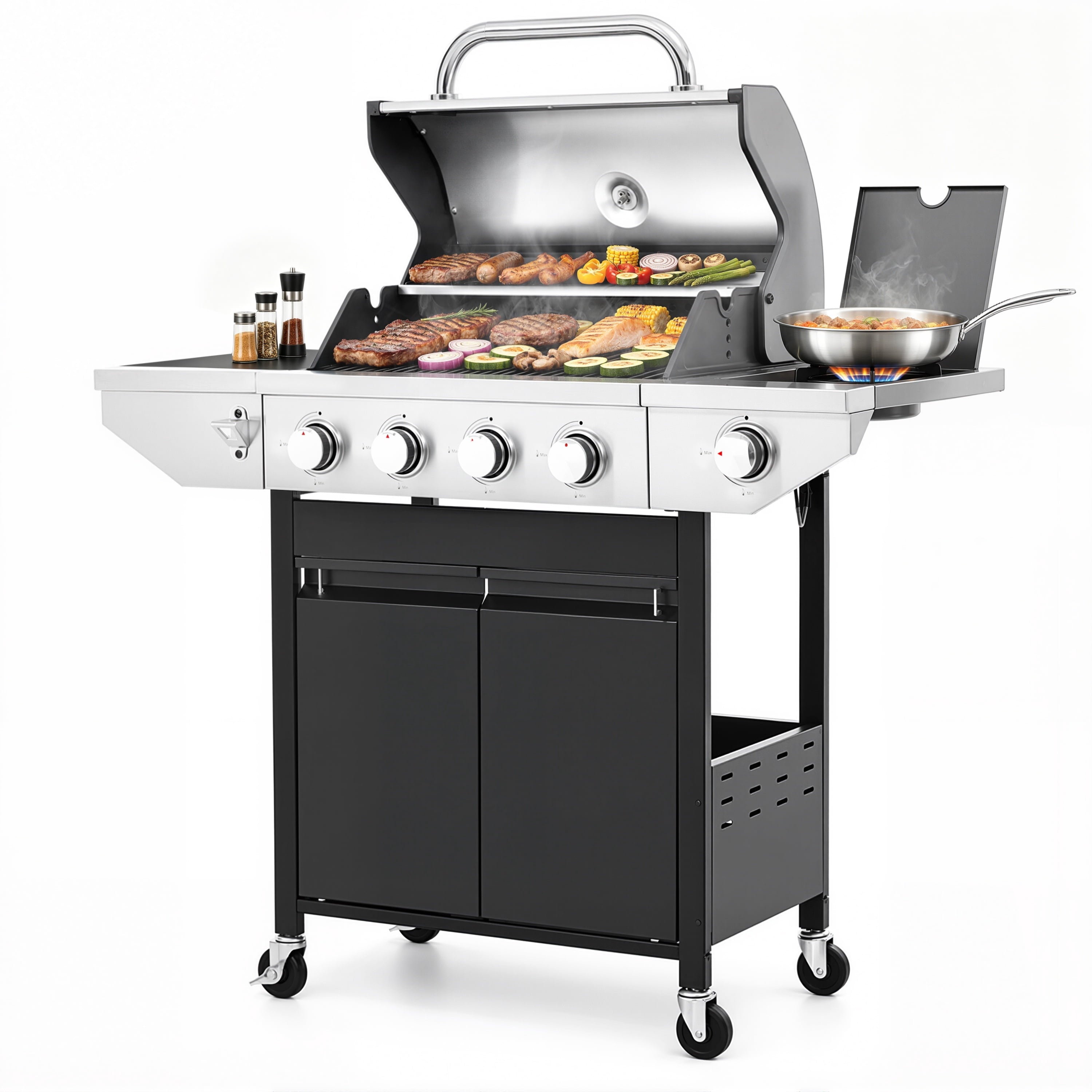 Segmart 3 Burner Propane Gas Grill with Side Burner, 37,000 BTU Outdoor Cooking BBQ Grill with Porcelain-Enameled Cast Iron Grates, Equipped with Temperature, Tool Hooks, and Bottle Opener