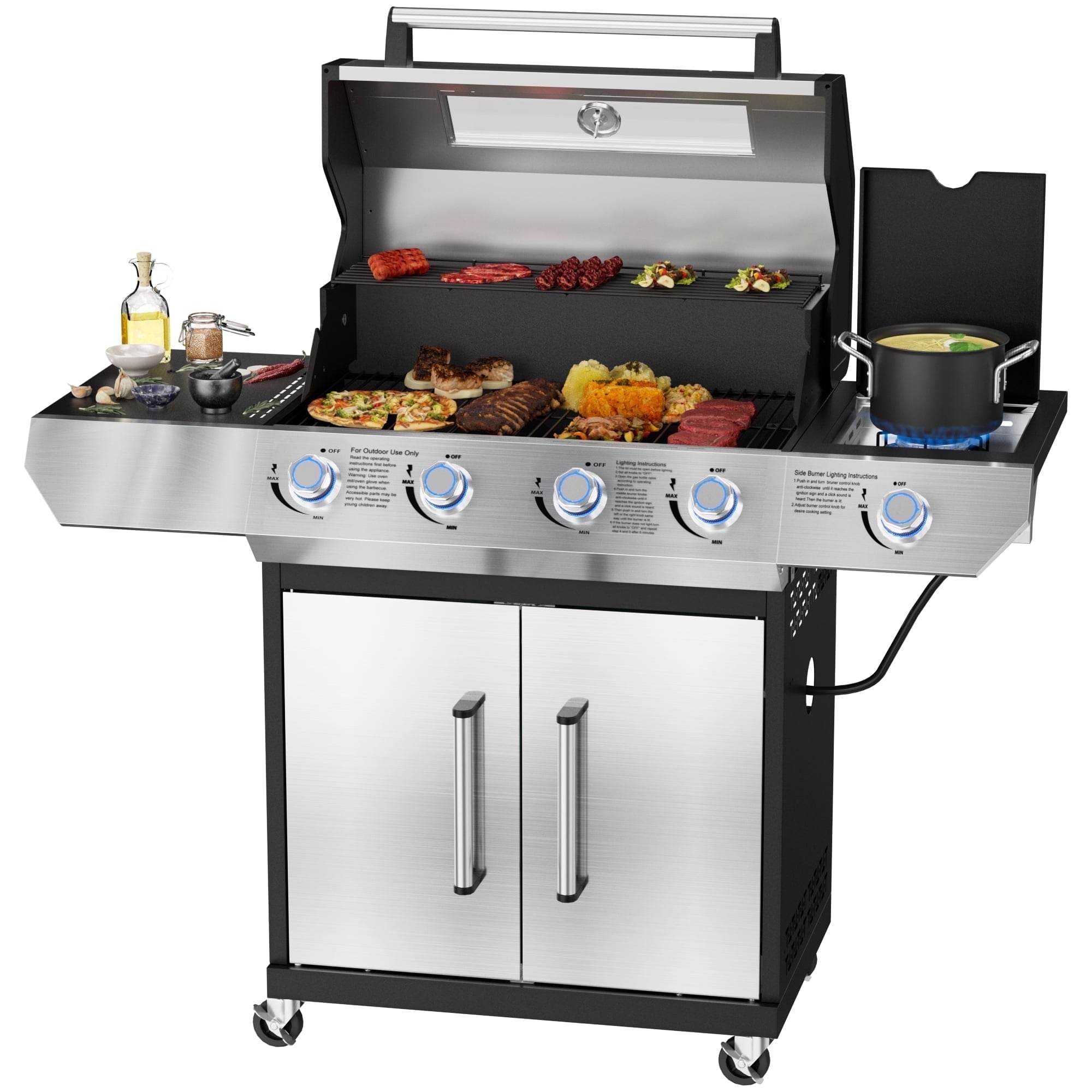 SKOK 4 Burner Gas Grill with Side Burner, 58000 BTU &393 sq.in Cooking Surface, Outdoor Propane Barbecue Grill for Patio & Backyard
