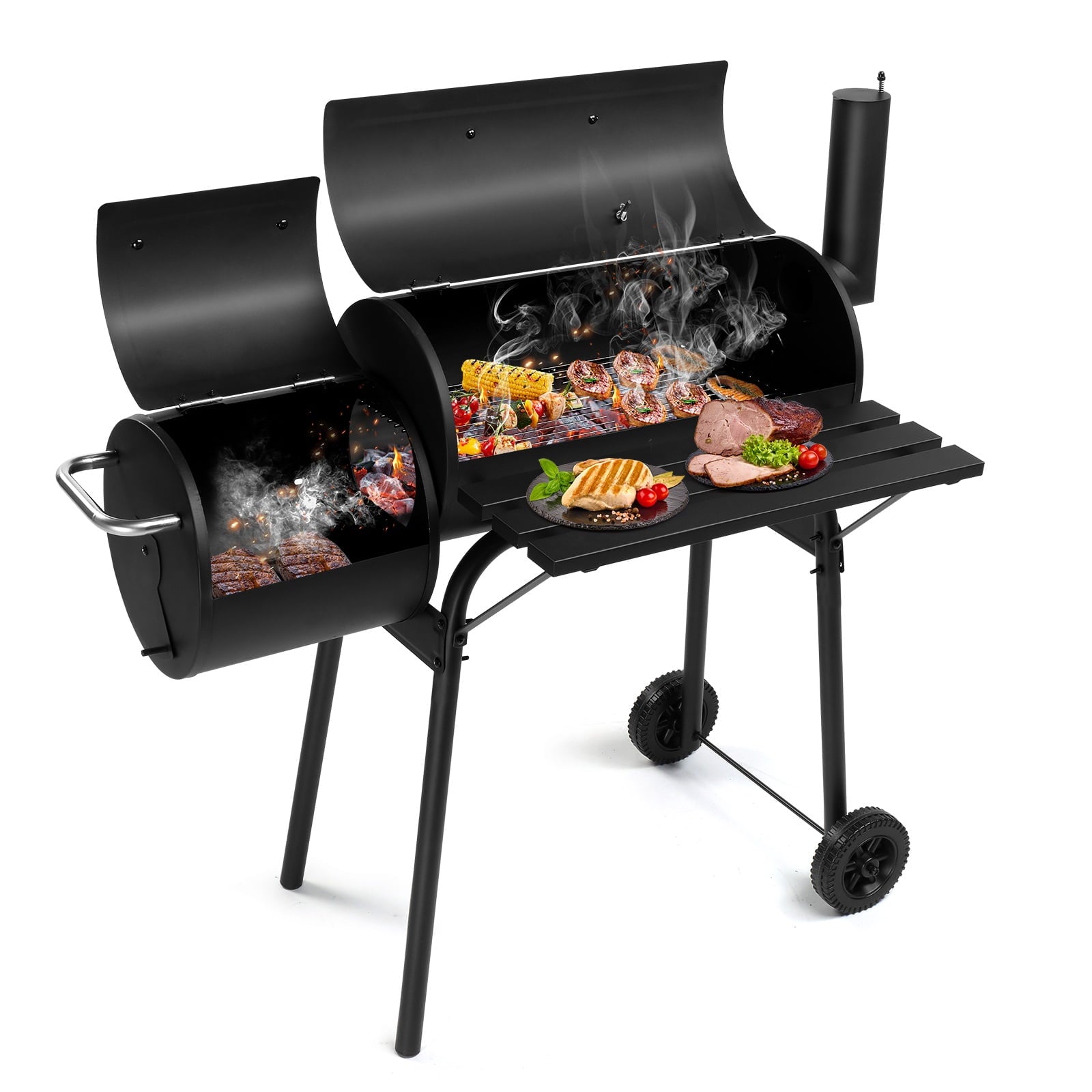 Segmart BBQ Charcoal Grill, 45.28-inch Length Portable Barbecue Grill, Offset Smoker Barbecue Oven with Wheels & Thermometer for Outdoor Picnic Camping Patio Backyard