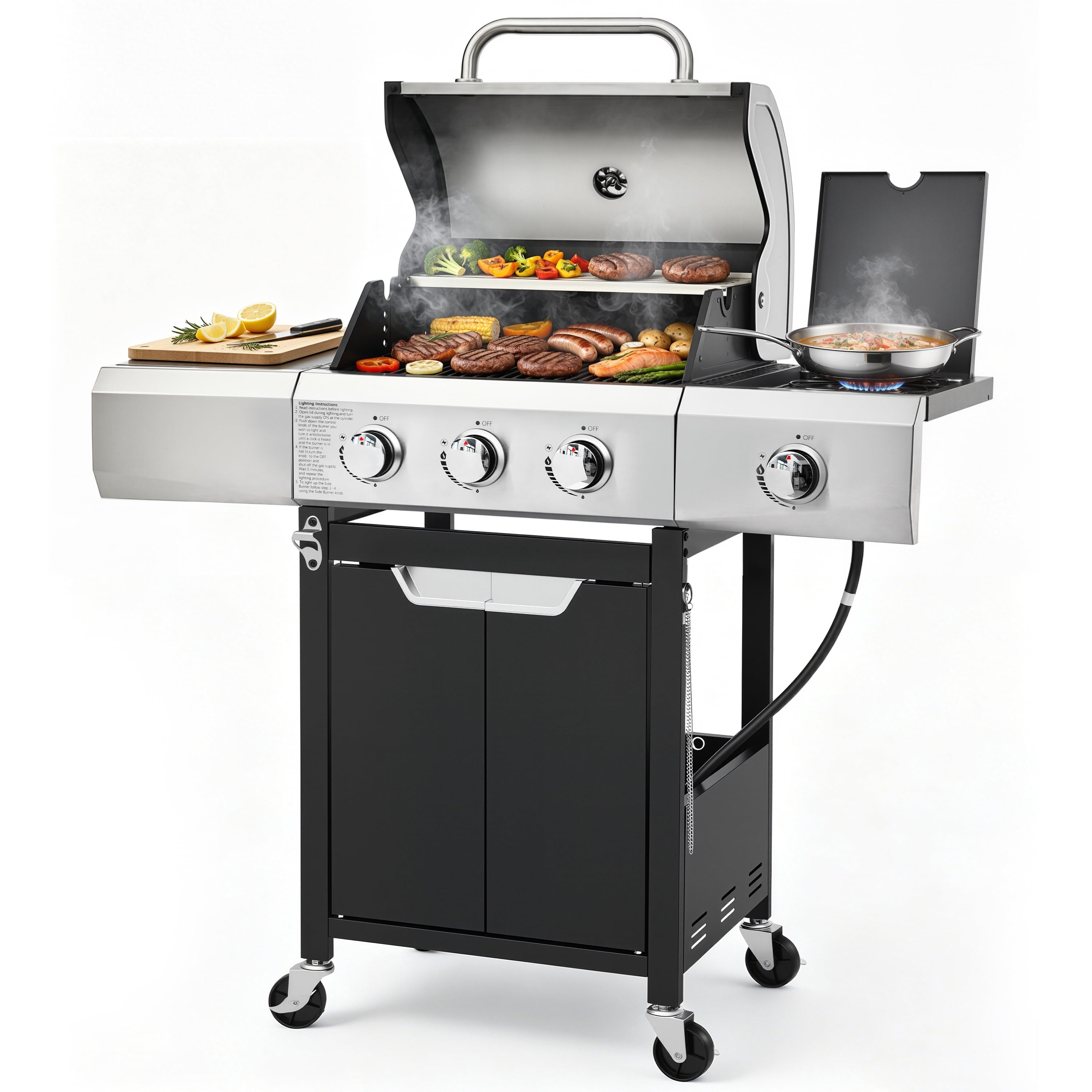 Segmart 4 Burner BBQ Propane Gas Grill with Side Burner, Stainless Steel 50,000 BTU Patio Barbecue Grill with Shelf, Gas Tank Hook, Towel Rack & Bottle Opener, Fits for Camping, Outdoor Cooking