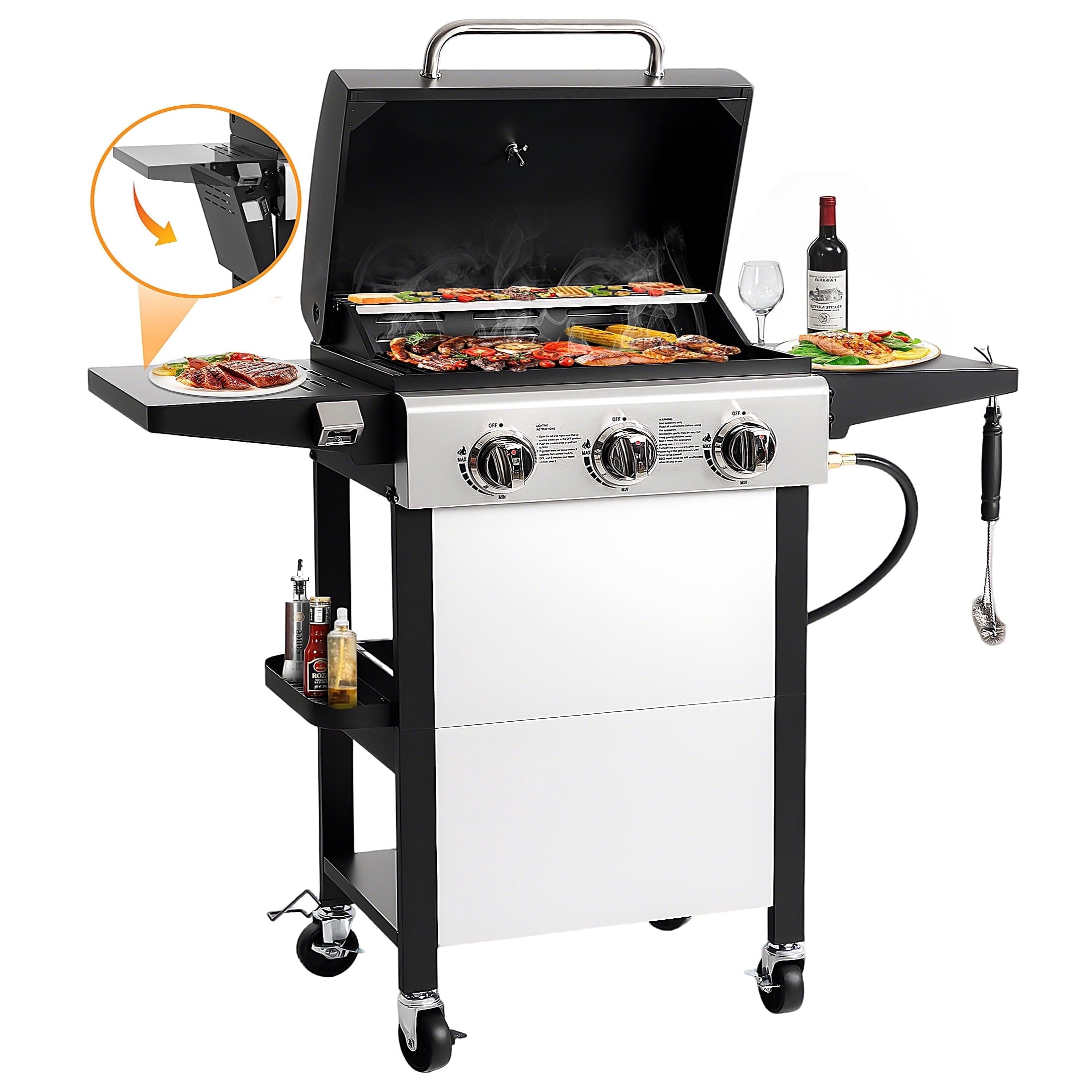 Segmart 3 Burner BBQ Propane Gas Grill, Stainless Steel 27,000 BTU Patio Garden Barbecue Grill with Side Tables, Hanging Basket & Thermometer, Perfect for Camping, Outdoor Cooking