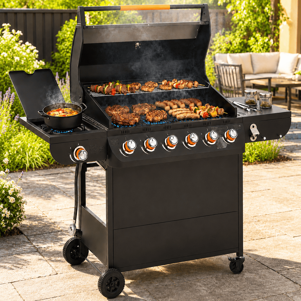 6-Burner Propane Gas Grill with Side Burner, 59000 BTU Outdoor BBQ Grill with Porcelain-Enameled Grates, Warming Rack, Side Tables, Bottle Opener, Thermometer and Wheels for Patio Backyard Cooking