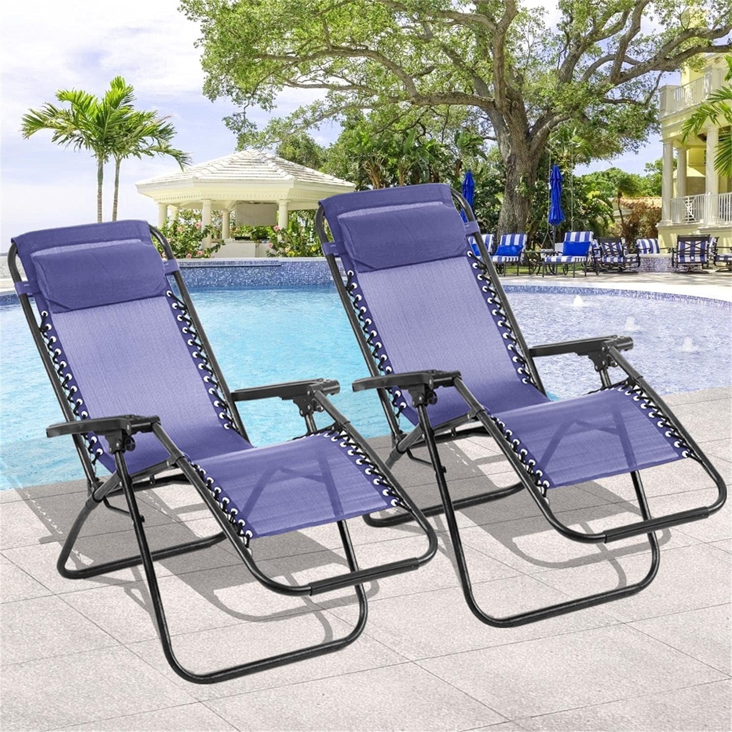 Simenmax Zero Gravity Chair Set of 2, Reclining Folding Outdoor Chairs with Adjustable Headrest & Cup Holder, Anti - Gravity Loungers for Backyard, Patio, Lawn, Poolside,Blue