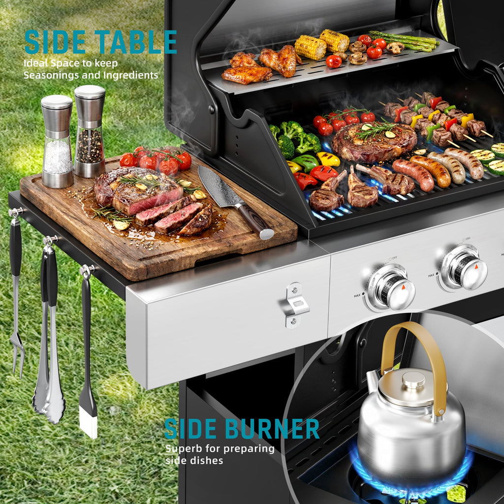 Biotree 3 Burner Gas Grill with Side Burner,40800 BTU Barbecue Grill Propane Stainless Steel BBQ Grill with Porcelain-Enameled Cast Iron Grates for Outdoor Cooking
