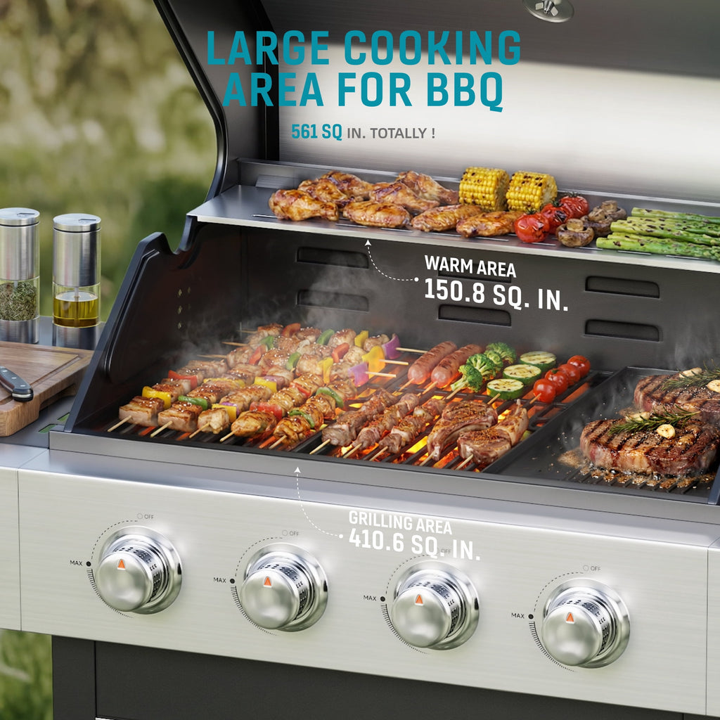 Biotree 3 Burner Gas Grill with Side Burner,40800 BTU Barbecue Grill Propane Stainless Steel BBQ Grill with Porcelain-Enameled Cast Iron Grates for Outdoor Cooking