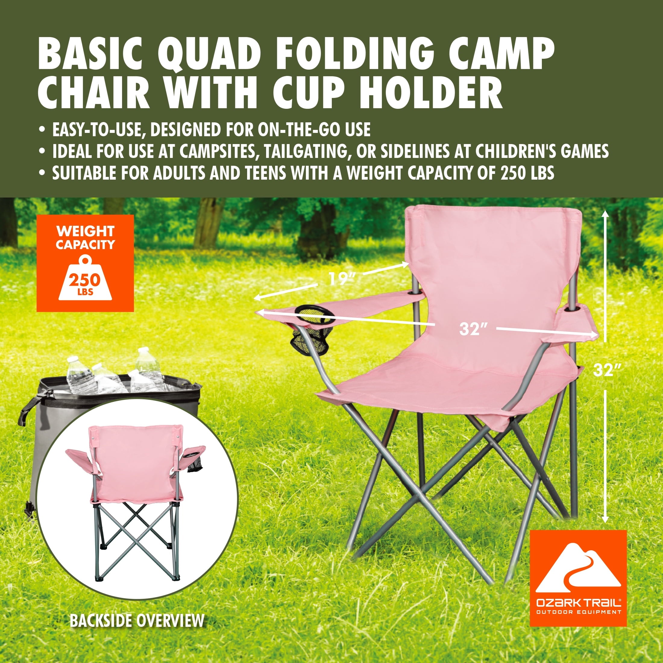Ozark Trail Quad Folding Camp Chair with Cup Holder, Black
