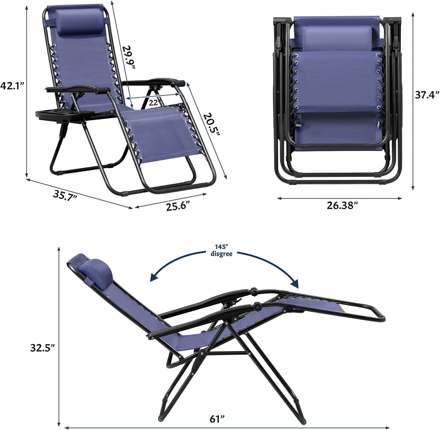 Simenmax Zero Gravity Chair Set of 2, Reclining Folding Outdoor Chairs with Adjustable Headrest & Cup Holder, Anti - Gravity Loungers for Backyard, Patio, Lawn, Poolside,Blue