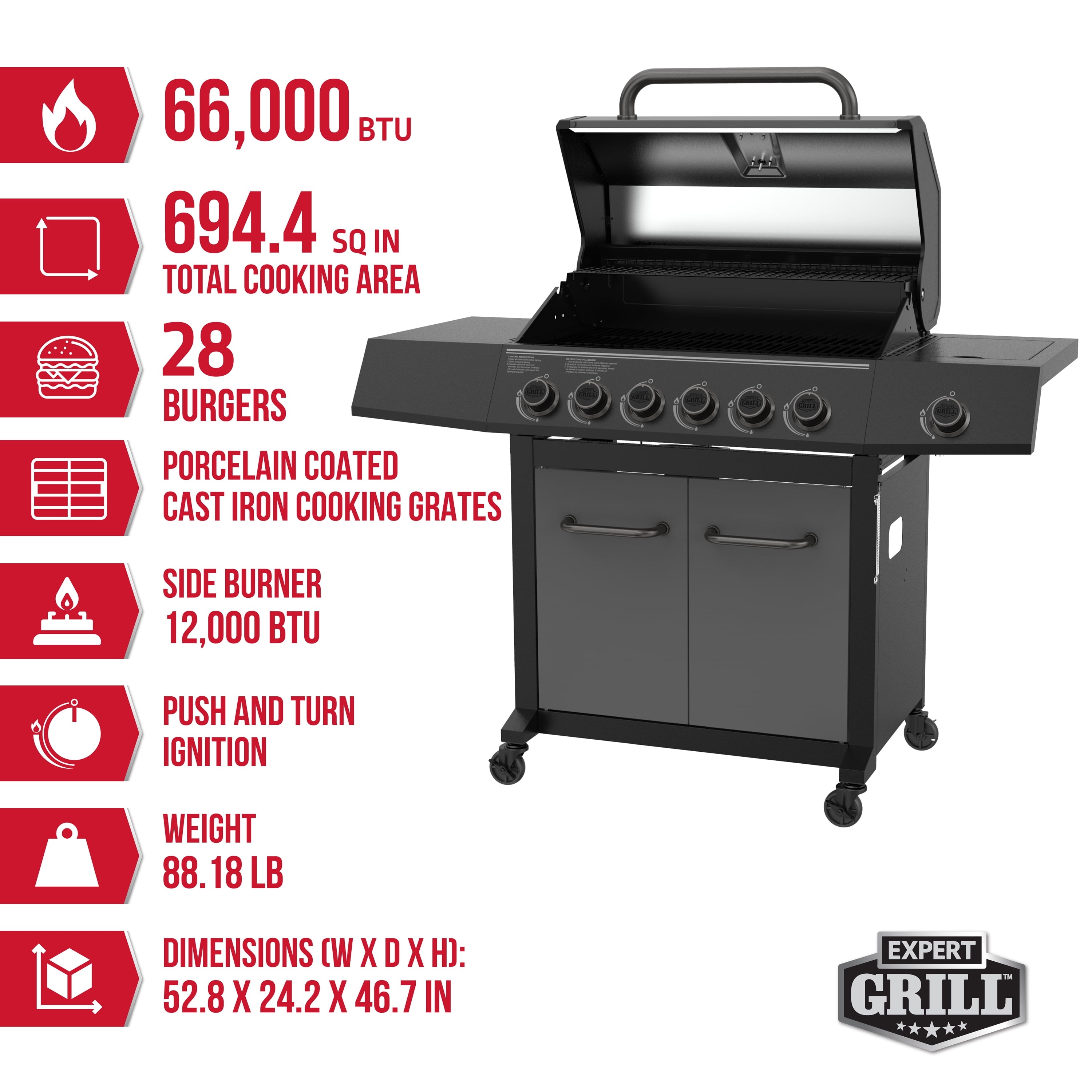 Expert Grill 6-Burner Propane Gas Grill with Side Burner and Side Table, Graphite