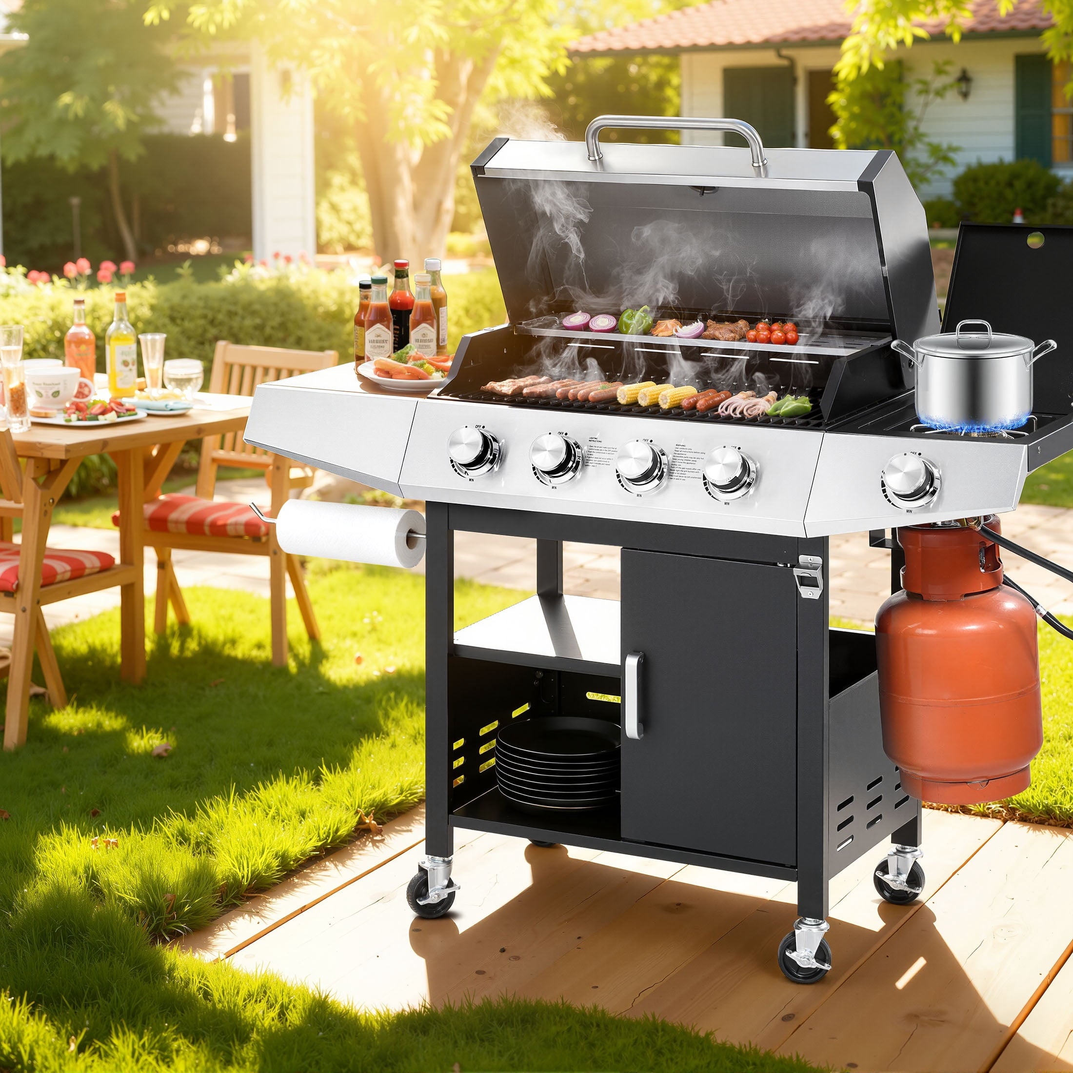 Segmart 4 Burner BBQ Propane Gas Grill with Side Burner, Stainless Steel 50,000 BTU Patio Barbecue Grill with Shelf, Gas Tank Hook, Towel Rack & Bottle Opener, Fits for Camping, Outdoor Cooking
