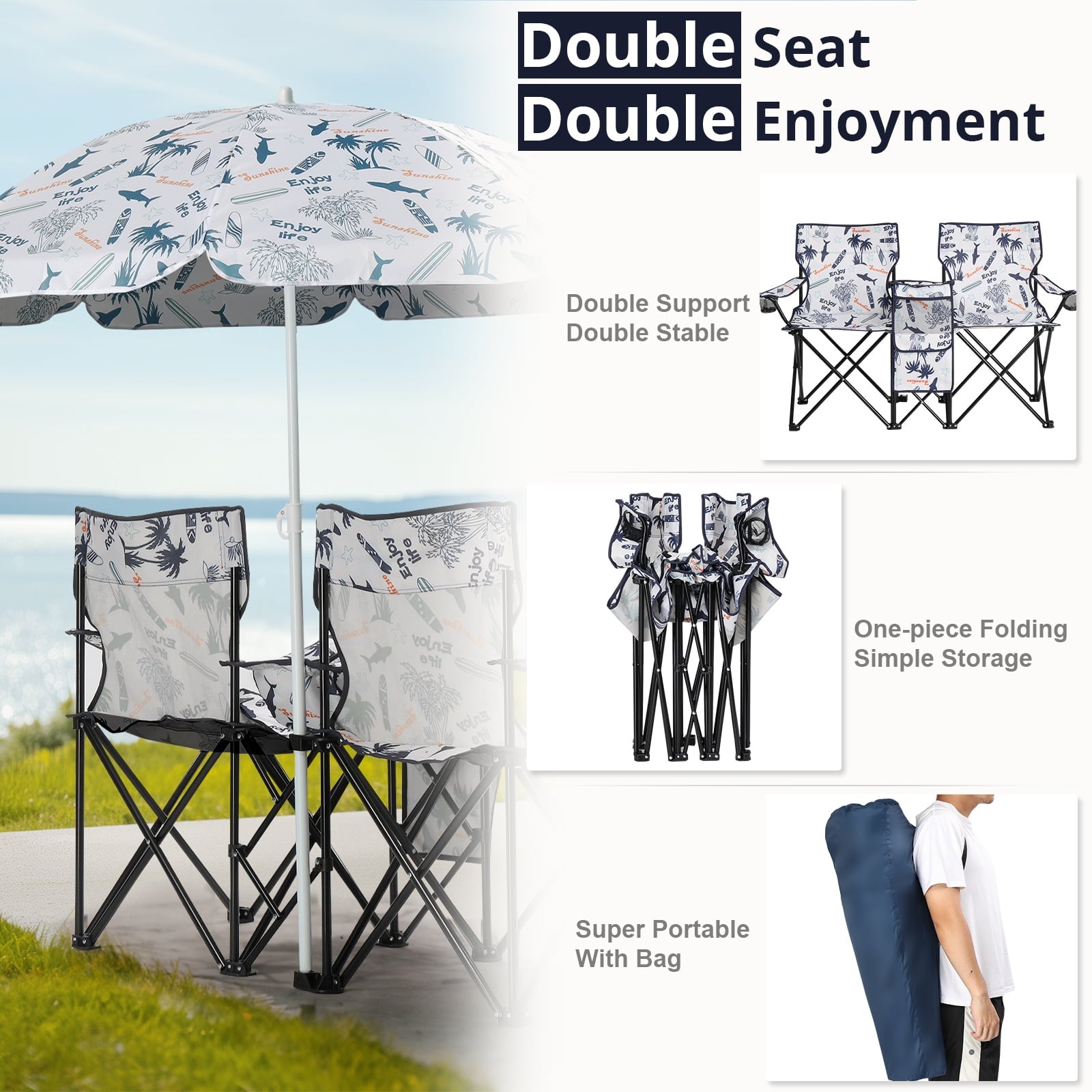 Ktaxon Camping Loveseat Chair, Folding Double Outdoor Chair with Removable Sun Umbrella & Carrying Bag, Double Chairs with Cooler Bag for Lawn Fishing Outdoor, Gray