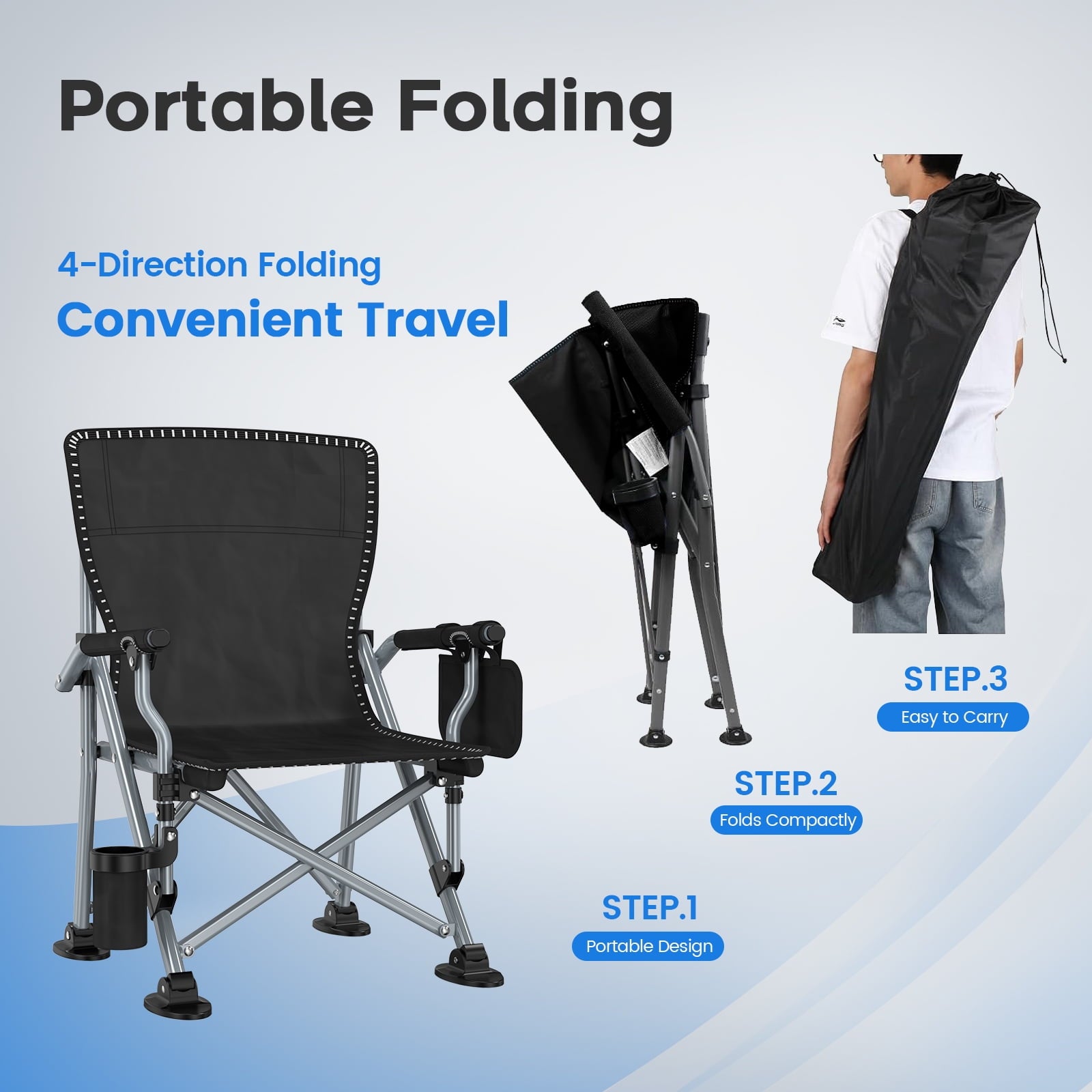 LNOW Folding Camping Chair with Cup Holder & Side Pocket Lightweight Portable Chairs for Beach, Sports, Fishing, ‌‌Black