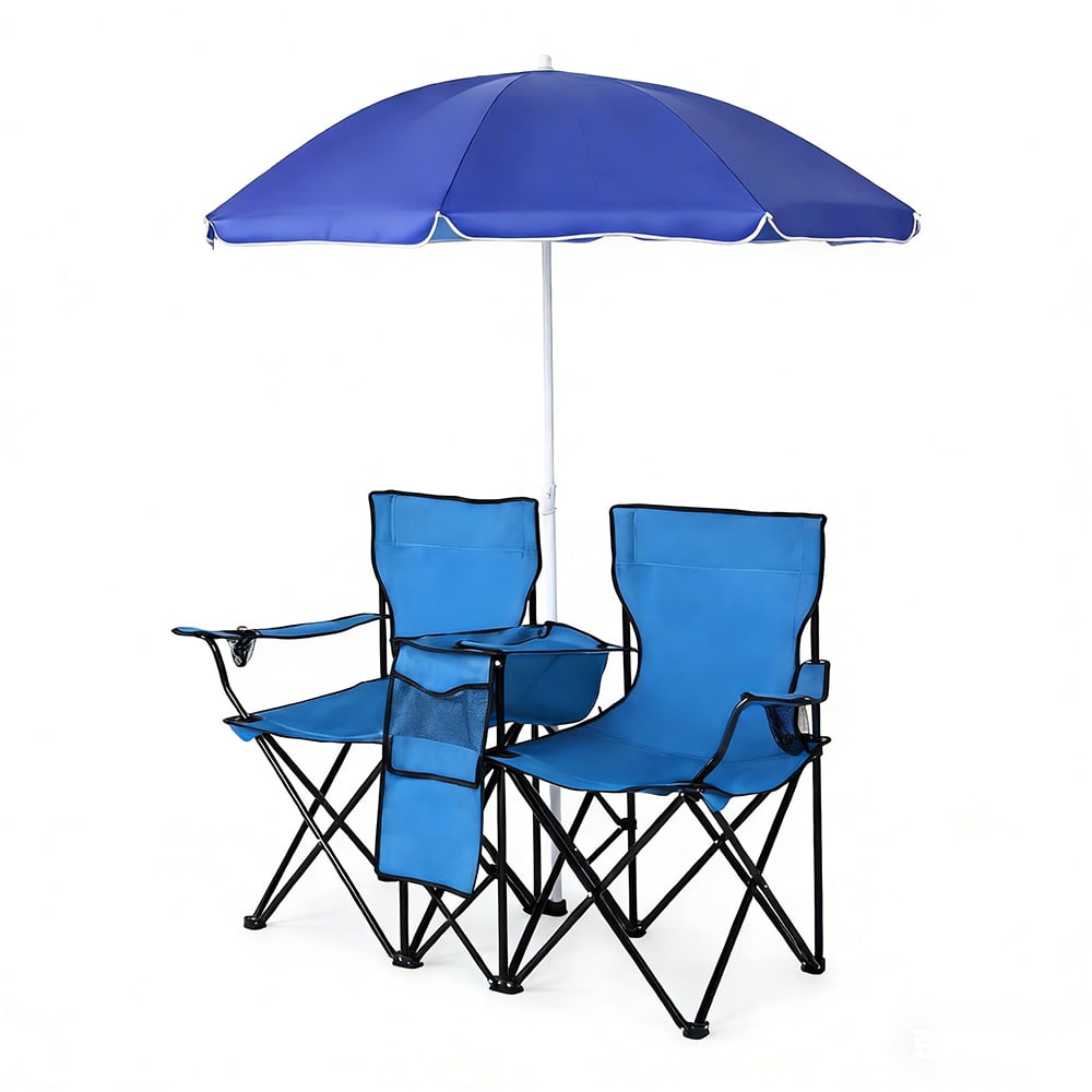 COWIN Outdoor Foldable Picnic Double Chair ,Camping Chairs with Umbrella Camping Double Portable Chairs Folding Beach Chair with Insulation Bag,Backpacking Blue
