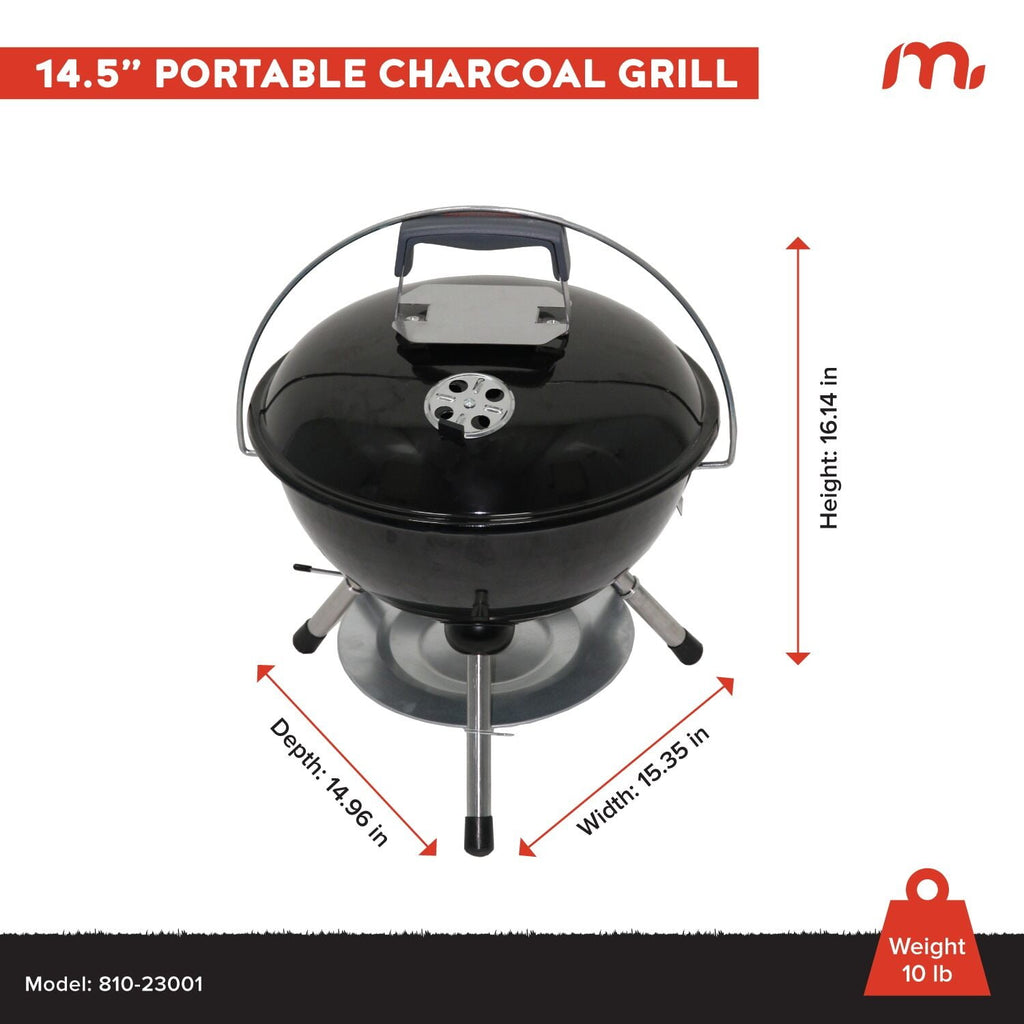 Megamaster – 22 Deluxe Charcoal Barbecue Grill with Adjustable Air Vent, Built-In Temperature Gauge, 368 SQ. In Cooking Area, Storage Rack, Portable Grill for Camping, Picnics, and More - 810-23003