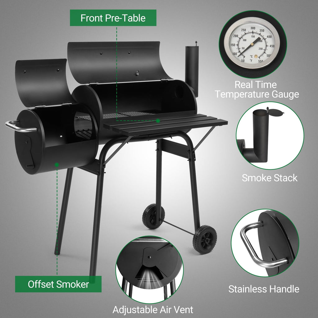 Segmart BBQ Charcoal Grill, 45.28-inch Length Portable Barbecue Grill, Offset Smoker Barbecue Oven with Wheels & Thermometer for Outdoor Picnic Camping Patio Backyard