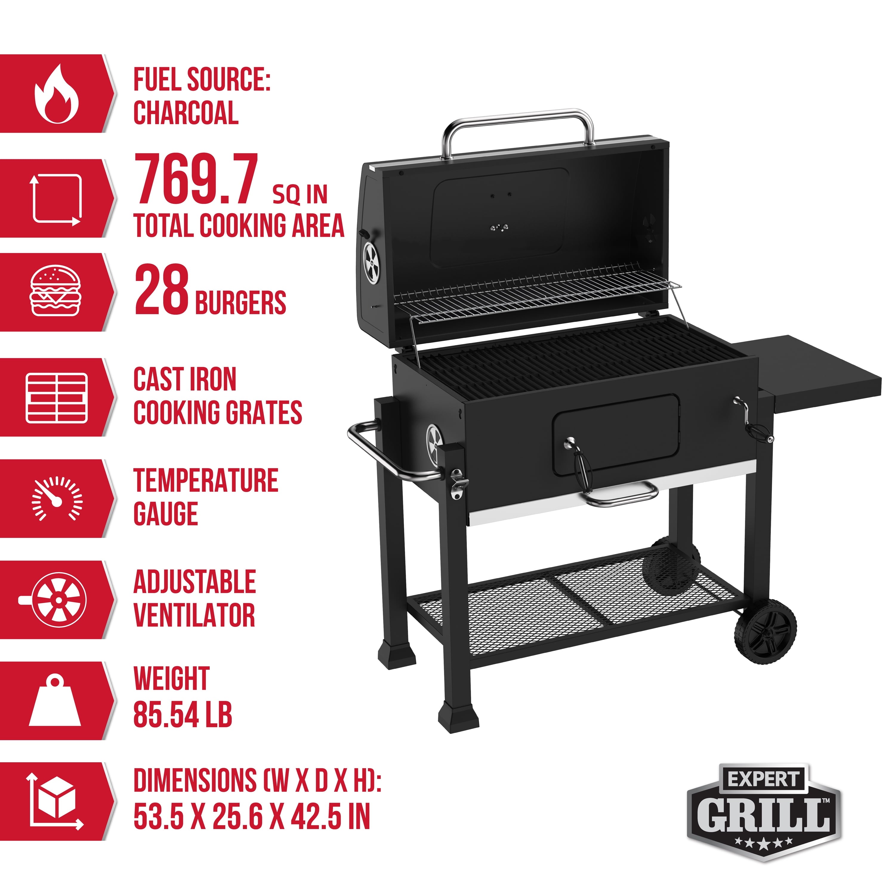 Expert Grill Charcoal Grill, 24 Inch Heavy Duty Charcoal Grill with Wheels, Black