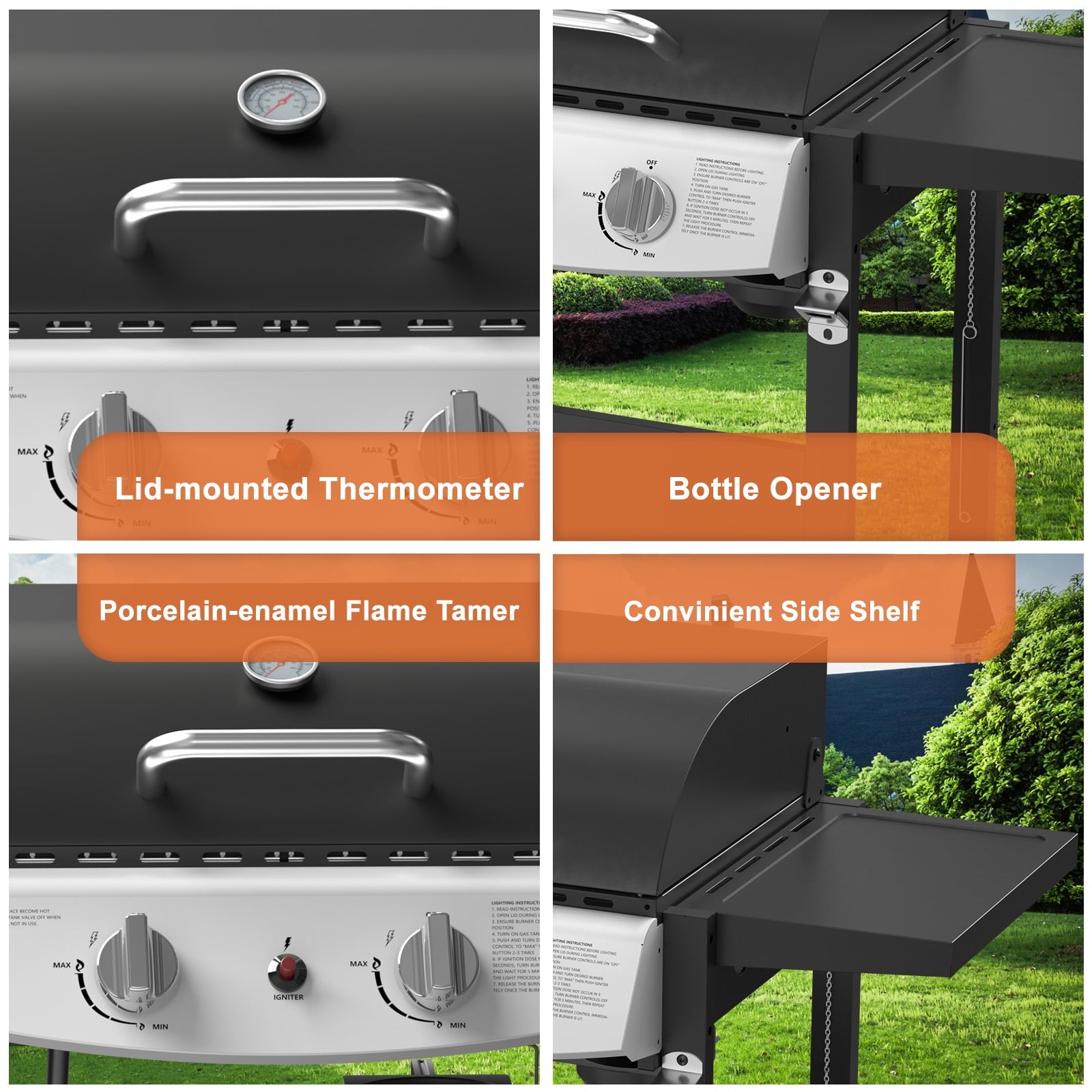 LHRIVER Stainless Steel 3 Burner Propane Gas Grill with Side Burner, 34,000 BTU Patio Garden Barbecue Grill,Porcelain-Enameled Cast Iron Grates