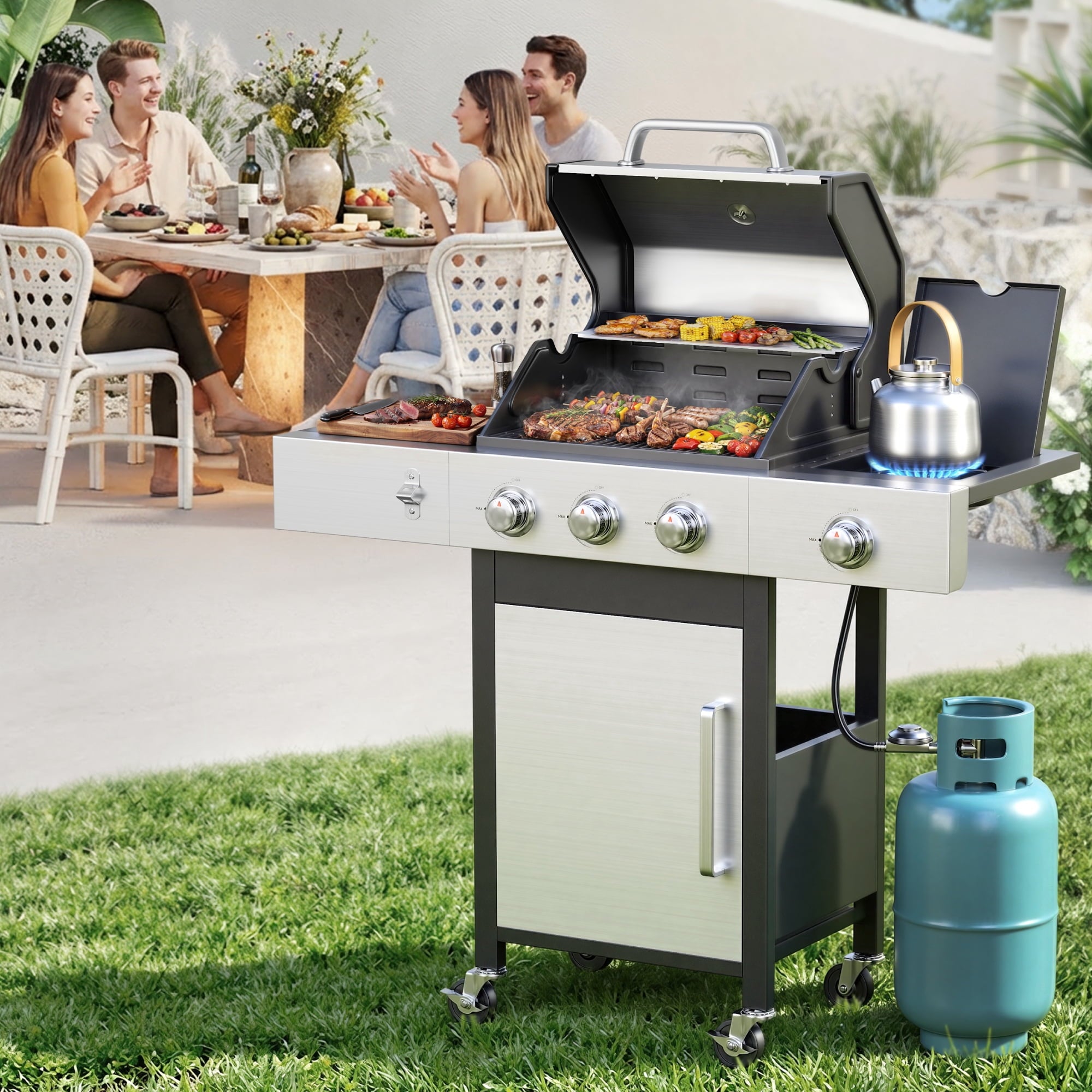 Biotree 3 Burner Gas Grill with Side Burner,40800 BTU Barbecue Grill Propane Stainless Steel BBQ Grill with Porcelain-Enameled Cast Iron Grates for Outdoor Cooking