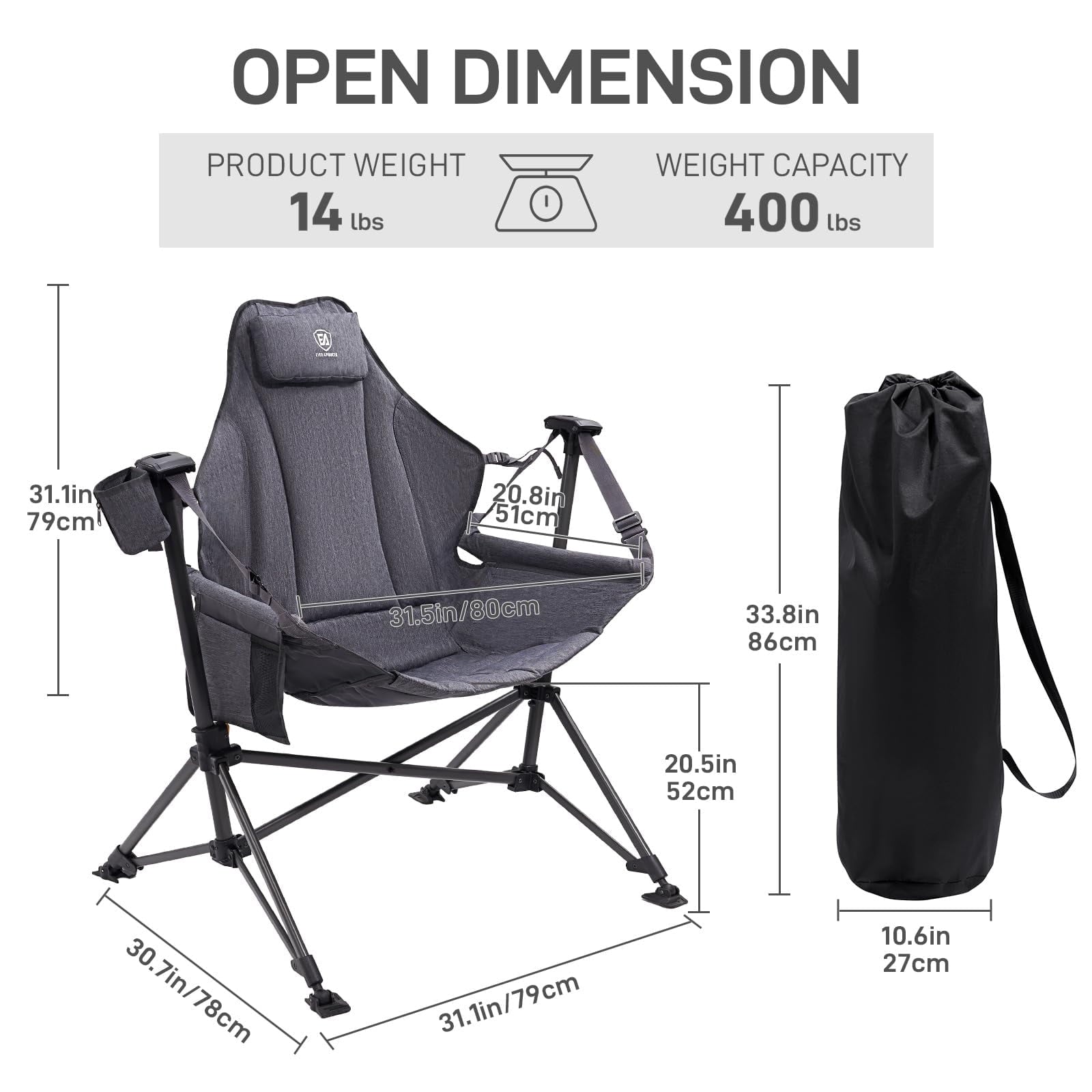 Hammock Camping Folding Chair for Outdoor with Adjustable Back and Padded Seat, Grey