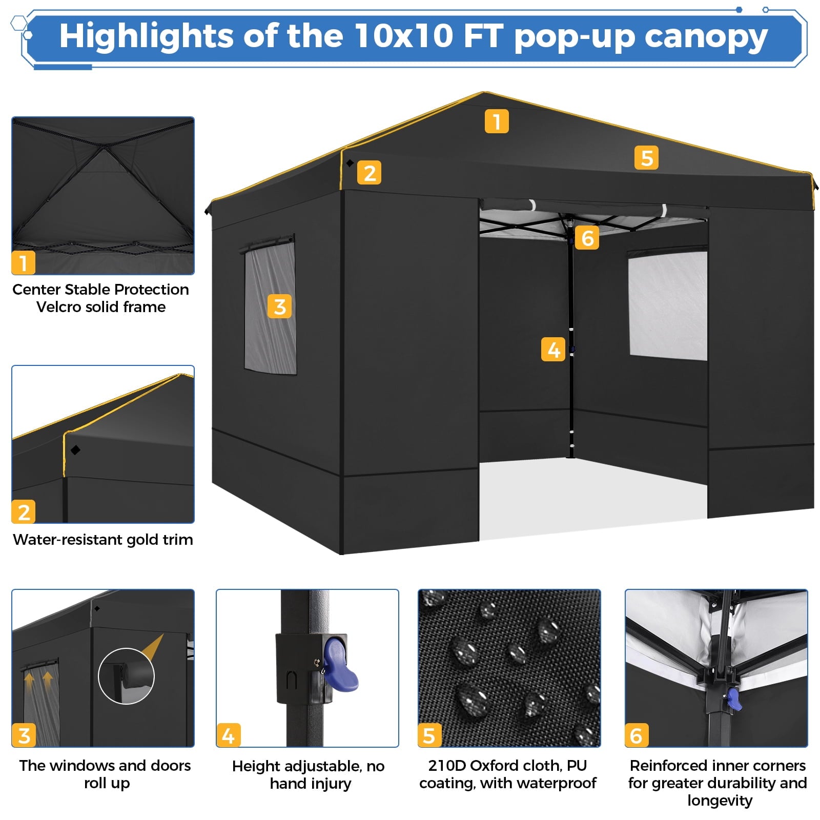 HOTEEL Pop up Canopy Tent 10x10 Commercial Instant Canopy with 4 Sidewalls & Carry Bag,Portable Tent for Parties Beach Camping Party Event Shelter Sun Shade,Dark Blue
