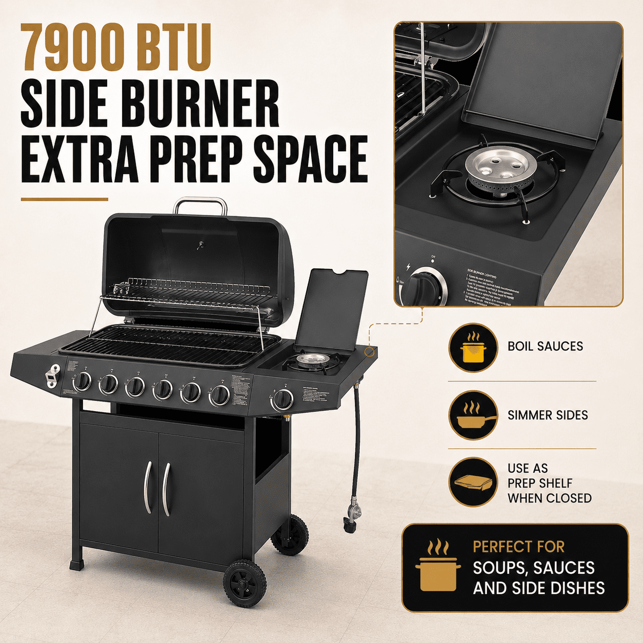 6-Burner Propane Gas Grill with Side Burner, 59000 BTU Outdoor BBQ Grill with Porcelain-Enameled Grates, Warming Rack, Side Tables, Bottle Opener, Thermometer and Wheels for Patio Backyard Cooking