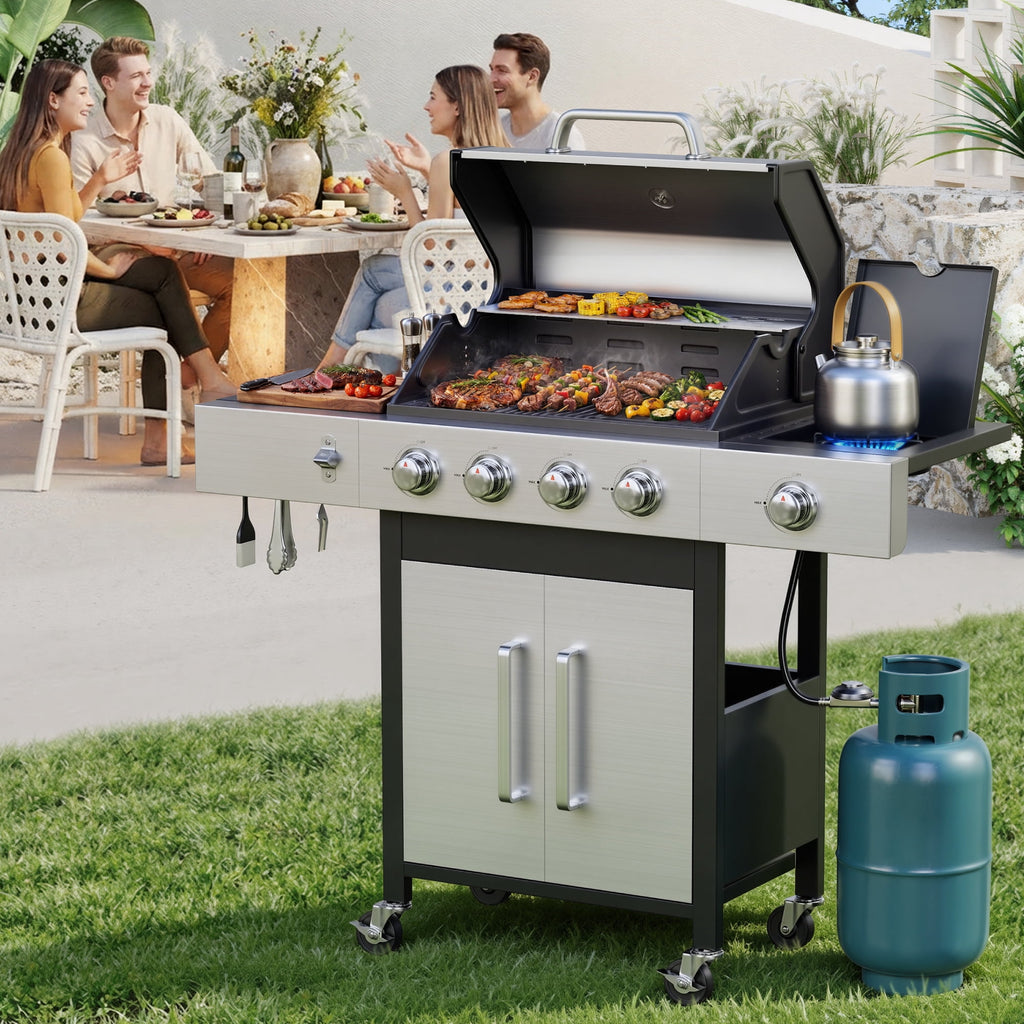 Biotree 3 Burner Gas Grill with Side Burner,40800 BTU Barbecue Grill Propane Stainless Steel BBQ Grill with Porcelain-Enameled Cast Iron Grates for Outdoor Cooking