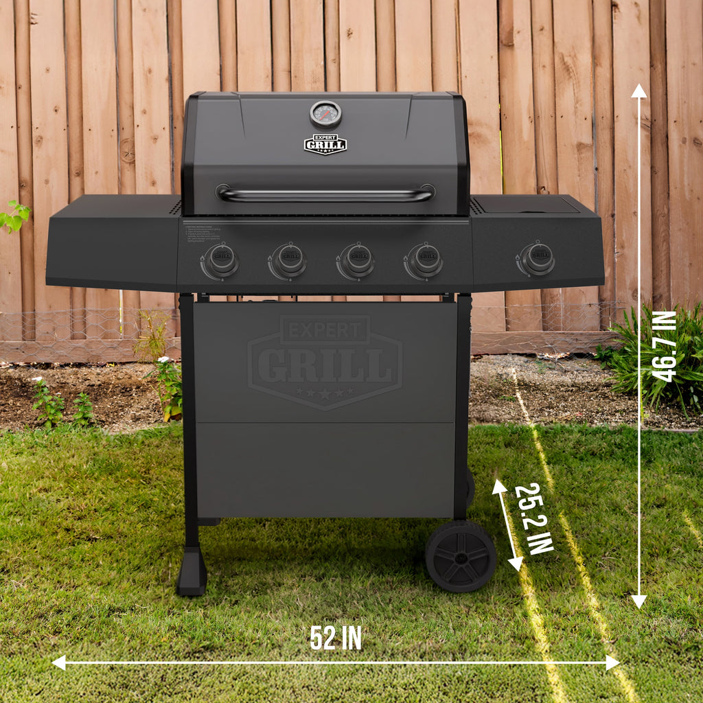 Expert Grill, 4-Burner Propane Gas Grill with Side Table and Wheels, Stainless Steel